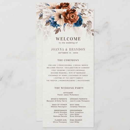 Terracotta Marine Blauw Trouwmenu met Programma (Voorkant / Achterkant)