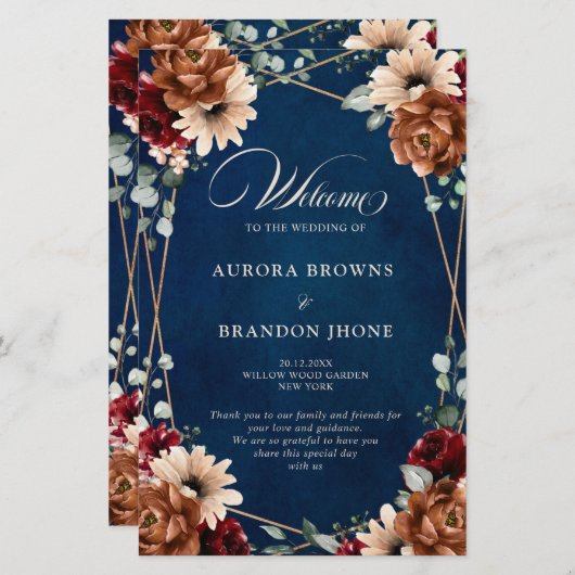 Terracotta Marine Bourgogne Programme de mariage g (Devant / Derrière)