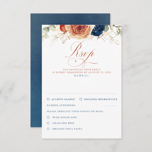 Terracotta Marine Fleurs Bleues Mariage RSVP (Devant / Derrière)