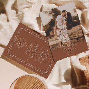 Terracotta Mid Century 70s Monogram Foto Wedding Kaart