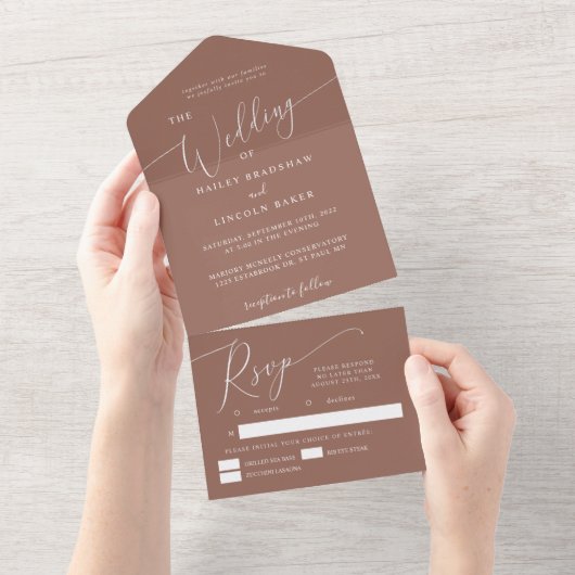 Terracotta Minimal Wedding Elegant Script All In One Uitnodiging (Afscheurbaar)