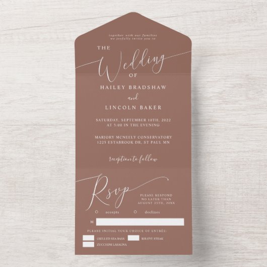 Terracotta Minimal Wedding Elegant Script All In One Uitnodiging (Binnen)