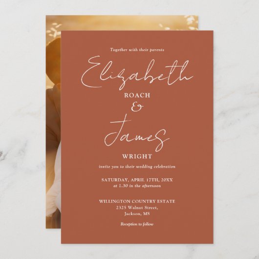 Terracotta Minimalist Script Photo Wedding Kaart (Voorkant / Achterkant)