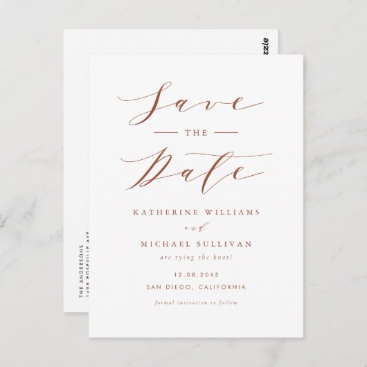 Terracotta Minimalistisch Script QR Code Save the  Briefkaart (Voorkant / Achterkant)