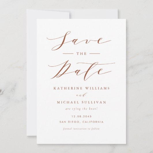 Terracotta minimalistisch sierlijk script bruiloft save the date (Voorkant)