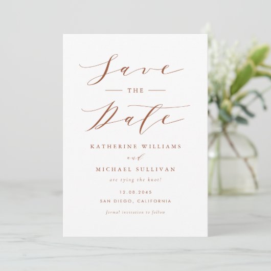 Terracotta minimalistisch sierlijk script bruiloft save the date (Staand voorkant)