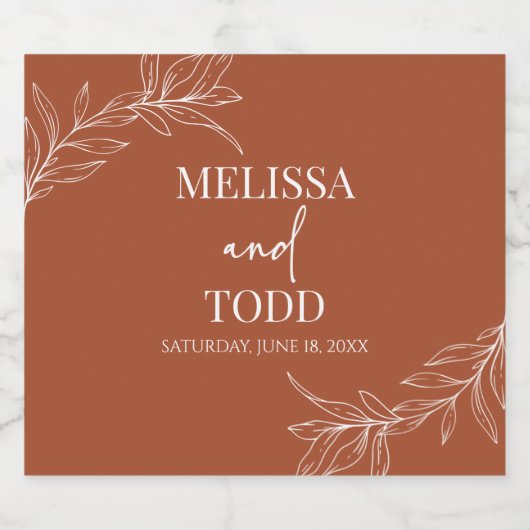 Terracotta minimalistische tak blad bruiloft sparkling wijnetiket (Enkel label)