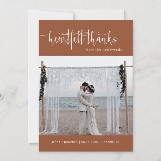 Terracotta Modern Minimalist Wedding Photo Flat Bedankkaart (Voorkant)