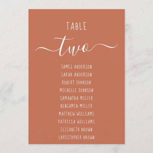 Terracotta Modern White Script Seating Chart Card (Voorkant)