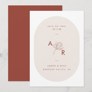 Terracotta moderne bloemenmonogram dubbele boog save the date