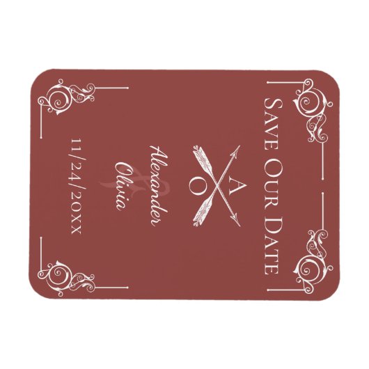 Terracotta Monogram en pijlen Bewaar de datum Magneet (Horizontaal)