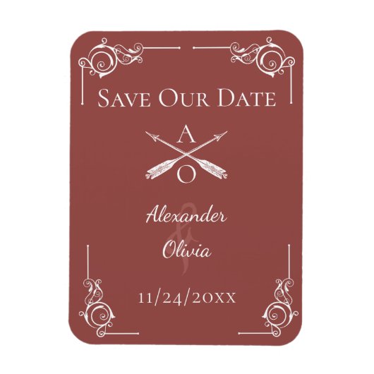 Terracotta Monogram en pijlen Bewaar de datum Magneet (Verticaal)