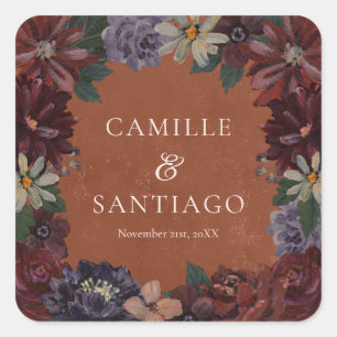 Terracotta Moody Bloemen Huwelijksstickers Vierkante Sticker