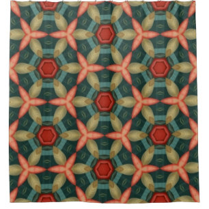 Terracotta, mosterd, blauwgroen en groen douchegordijn