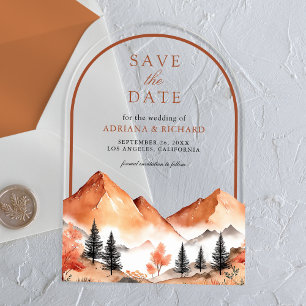 Terracotta Mountain Arch Wedding Bewaar de datum Acryl Uitnodigingen