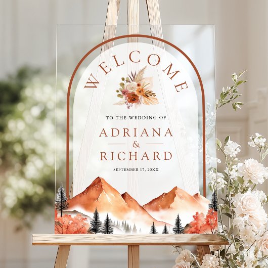 Terracotta Mountain Forest Arch Wedding Welkom Acryl Bord