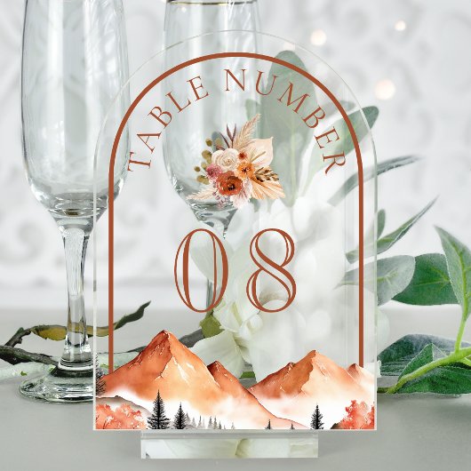 Terracotta Mountain Wedding Acrylic Table Number Acryl Uitnodigingen