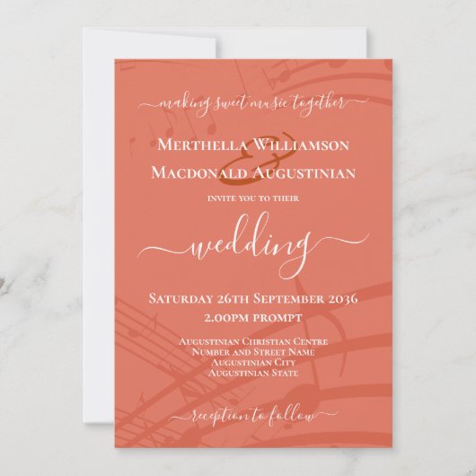 Terracotta Muzieknoten Wedding Invitation Kaart (Voorkant)