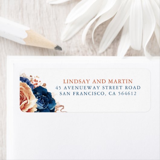 Terracotta Navy Blue Bloemen Elegant Boho Label (Insitu)