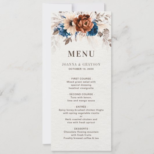 Terracotta Navy Blue Botanical Wedding Menu Kaart (Voorkant)