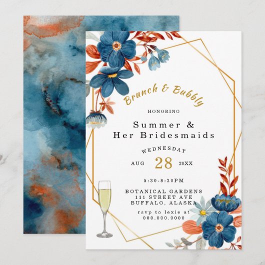 Terracotta Navy Blue Floral Brunch en Bubble Kaart (Voorkant / Achterkant)