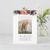 Terracotta Navy Blue Floral Save the Date Photo (Staand voorkant)