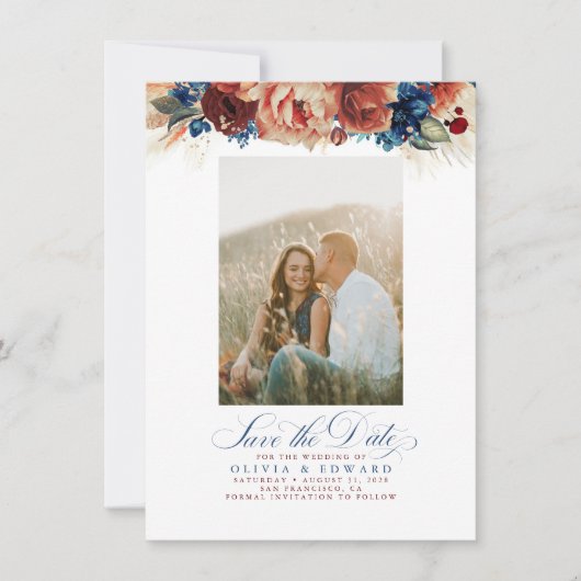 Terracotta Navy Blue Floral Save the Date Photo (Voorkant)