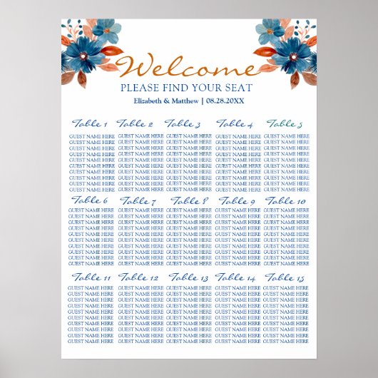 Terracotta Navy Blue Floral Wedding Seating Chart Poster (Voorkant)