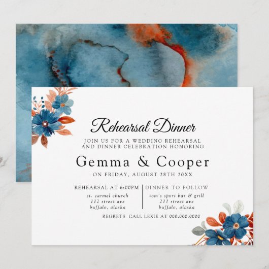 Terracotta Navy Blue Florals Rehearsal Dinner Kaart (Voorkant / Achterkant)