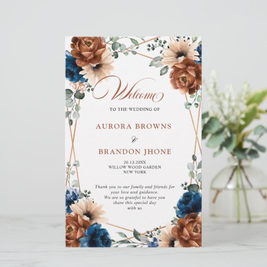 Terracotta Navy Blue Geometric Wedding Programme (Staand voorkant)