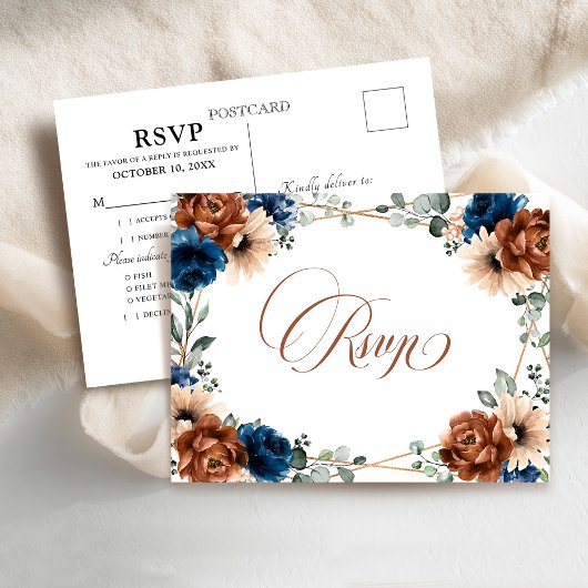 Terracotta Navy Blue Greenery Geometric RSVP Briefkaart