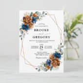 Terracotta Navy Blue Greenery Geometric Wedding Kaart (Staand voorkant)