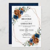 Terracotta Navy Blue Greenery Geometric Wedding Kaart (Voorkant / Achterkant)