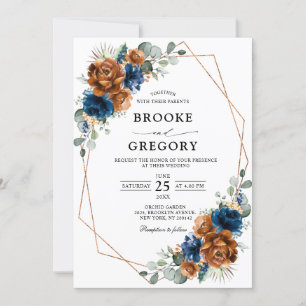Terracotta Navy Blue Greenery Geometric Wedding Kaart