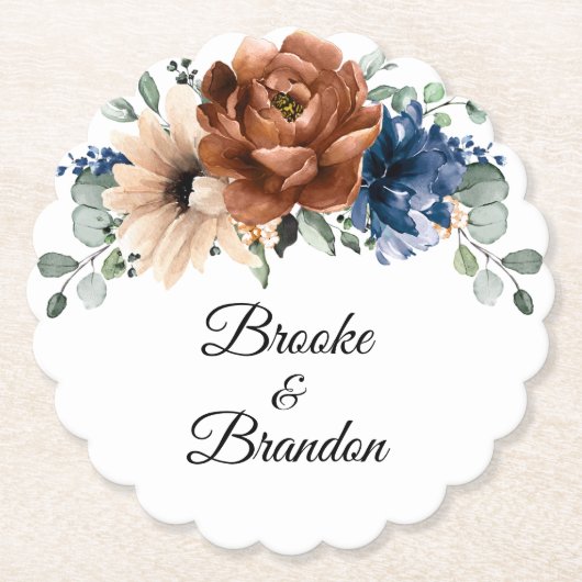Terracotta Navy Blue Greenery Geometric Wedding Kartonnen Onderzetters (Voorkant)