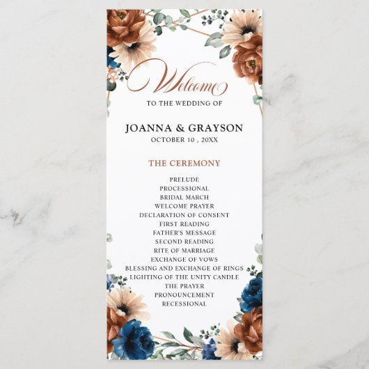Terracotta Navy Blue Greenery Geometric Wedding Programma (Voorkant)