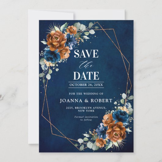 Terracotta Navy Blue Greenery Geometric Wedding Sa Save The Date (Voorkant)
