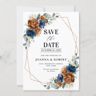 Terracotta Navy Blue Greenery Geometric Wedding Sa Save The Date