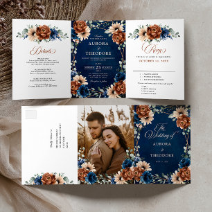 Terracotta Navy Blue Greenery Geometric Wedding Tr Drieluik Aankondiging