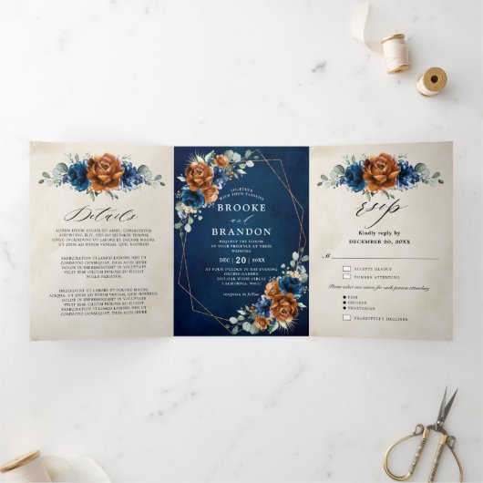 Terracotta Navy Blue Greenery Geometric Wedding Tr Drieluik Programma (Binnen)