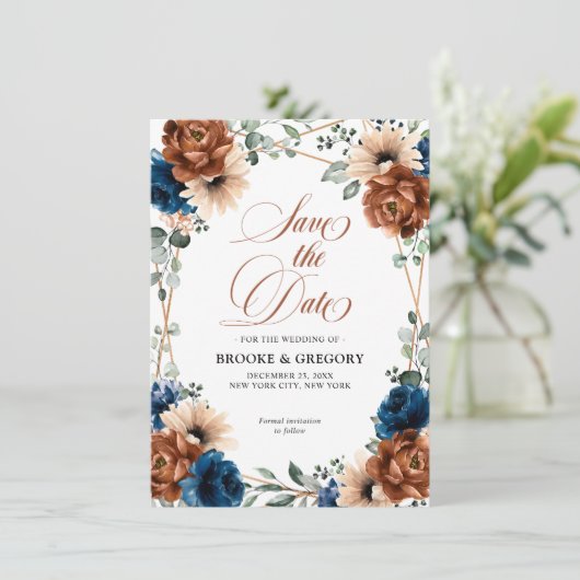 Terracotta Navy Blue Greenery Save the date (Staand voorkant)