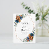 Terracotta Navy Blue Greenery Save the Date Briefkaart (Staand voorkant)