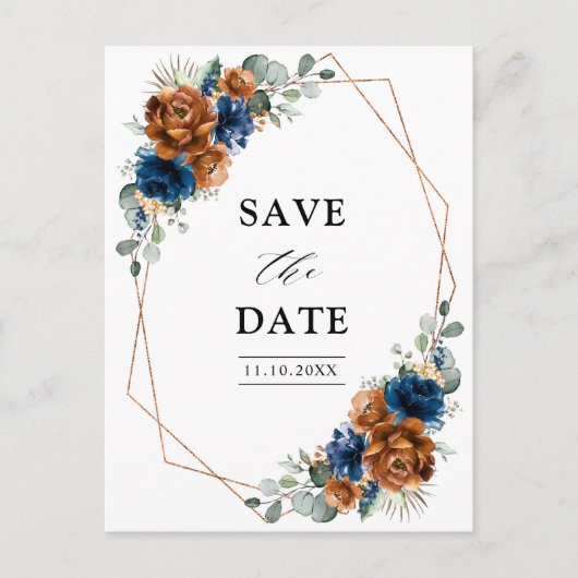 Terracotta Navy Blue Greenery Save the Date Briefkaart (Voorkant)
