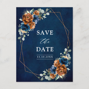 Terracotta Navy Blue Greenery Save the Date Postca Briefkaart