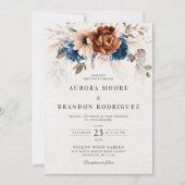 Terracotta Navy Blue Pampas Grass Botanical Weddin Kaart (Voorkant)