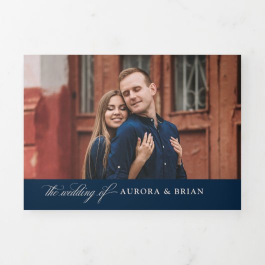 Terracotta Navy Blue Pampas Grass Rustic Wedding Drieluik Aankondiging (Cover)