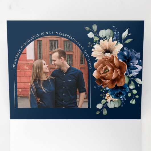 Terracotta Navy Blue Pampas Grass Rustic Wedding Drieluik Aankondiging (Binnenzijde eerst)