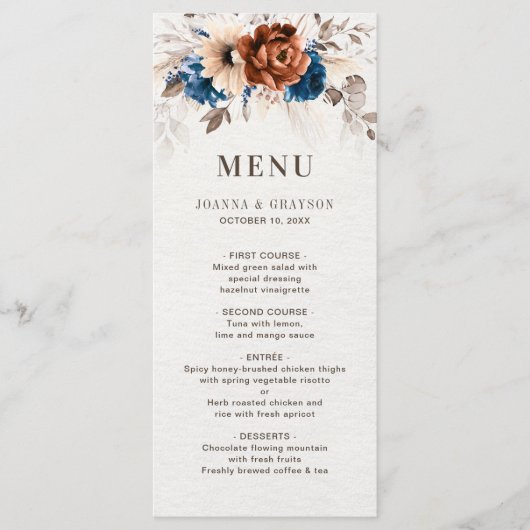 Terracotta Navy Blue Pampas Grass Rustic Wedding Menu (Voorkant)