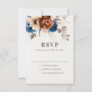 Terracotta Navy Blue Pampas Grass Rustic Wedding R RSVP Kaartje