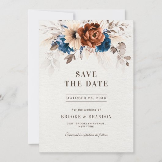 Terracotta Navy Blue Pampas Grass Rustic Wedding Save The Date (Voorkant)